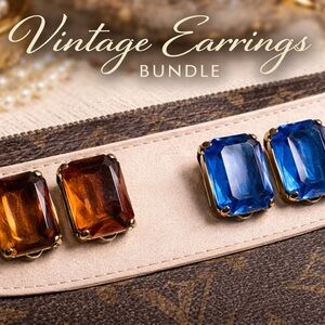 Vintage Set of 2 Oversized Gemstone Stud Jewel Earrings